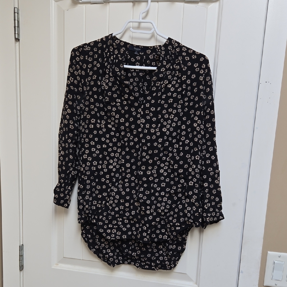 Madewell 100% Silk Black Mandarin Collar Blouse with Buttoned Style 3/4 Sleeve